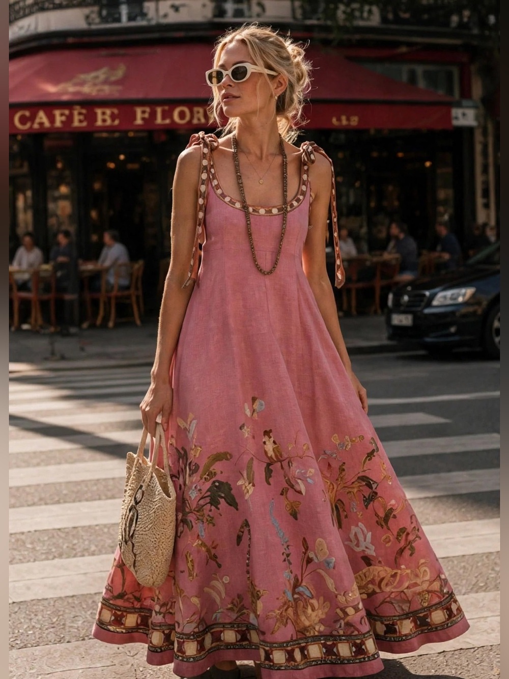 ALÉMAIS Zuri Linen Ballet Midi Sundress Pink Floral Tie-Shoulder size US 2 - Picture 2 of 9